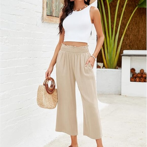 Capri Pants for Women High Waisted Wide Leg Linen Palazzo Trousers